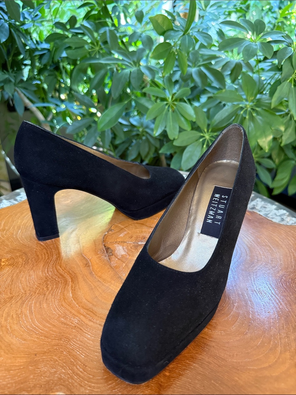 Stuart Weitzman Black Suede Mid Block Heel Pumps